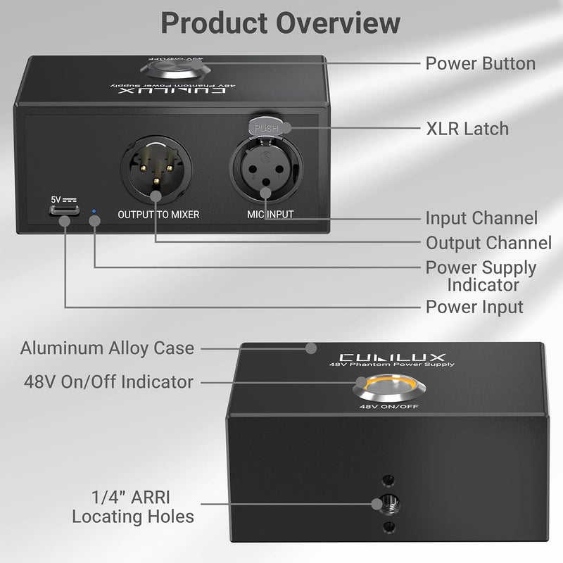 Cubilux MPX-1 USB C 48V Phantom Power Supply, Type C to XLR Portable Power Supply for Condenser Microphone, Full Aluminum Alloy Recording Equipment with 1/4" Arri Locating Mounting Hole - Image 5